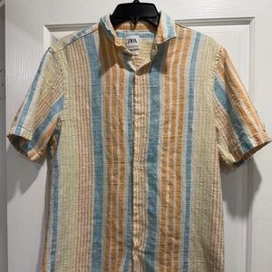 Zara Men's Relax Fit Striped Button Down Shirt, Beach, Retro Vibes - Medium
